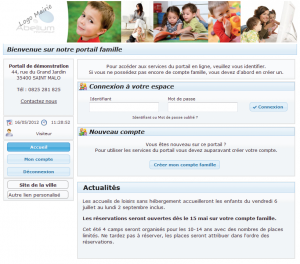 Écran d'accueil du portail familles